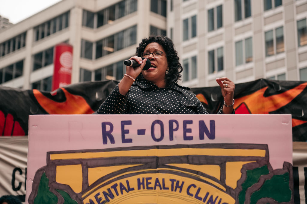 Chicago City Treasurer Melissa Conyears-Ervin speaks at a downtown rally in support of the ongoing teachers strike on October 23, 2019 in Chicago, Illinois.