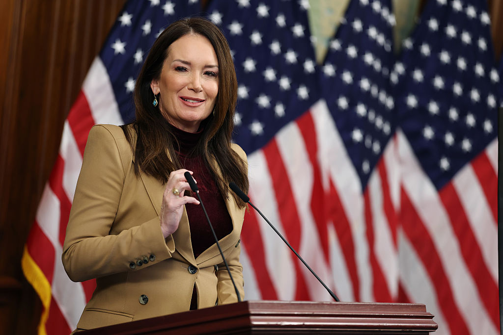 U.S. Agriculture Secretary Brooke Rollins speaks alongside U.S. Speaker of the House Mike Johnson (R-LA) during a news conference on Capitol Hill on October 31, 2025 in Washington, DC.