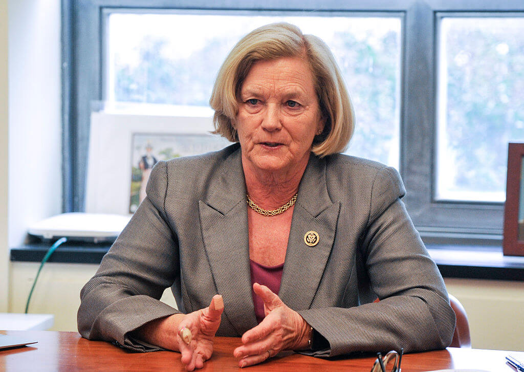 Representative Chellie Pingree (D-MA) speaks with group of chefs including Sam Talbot, Matt Weingarten and actress Padma Lakshmi about school lunches as part of "Chef Day of Action" in the Longworth House Office Building on October 27, 2015 in Washington, DC.