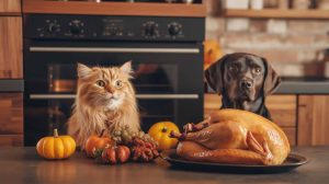 Cat and dog looking at a turkey