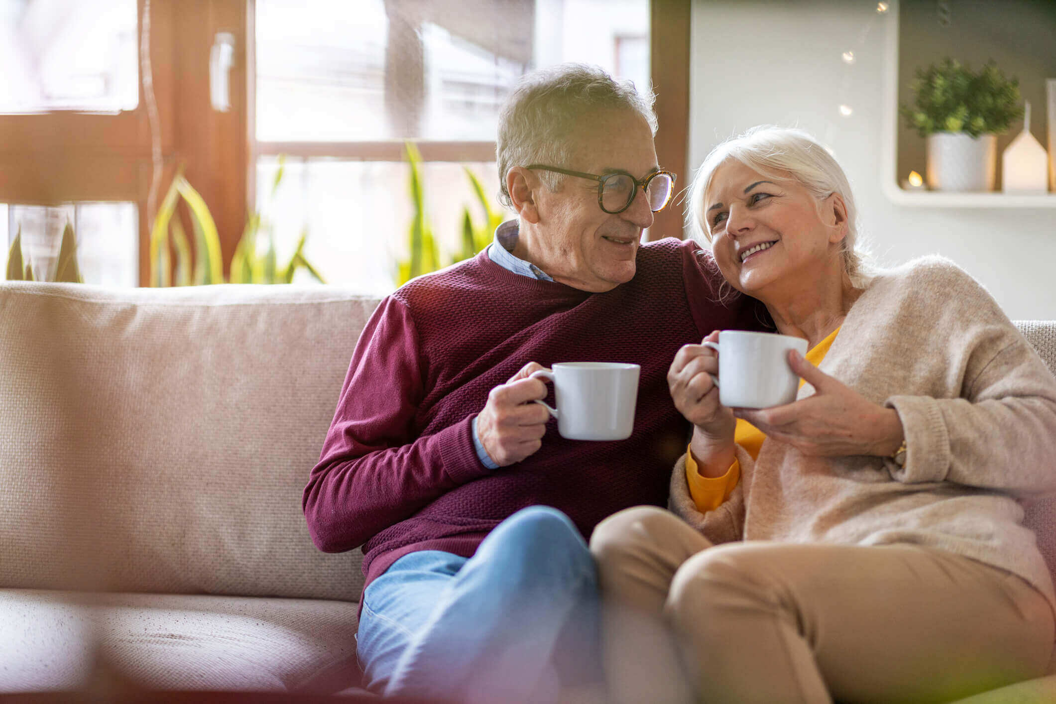 Portrait of a happy elderly couple relaxing together on the sofa at home