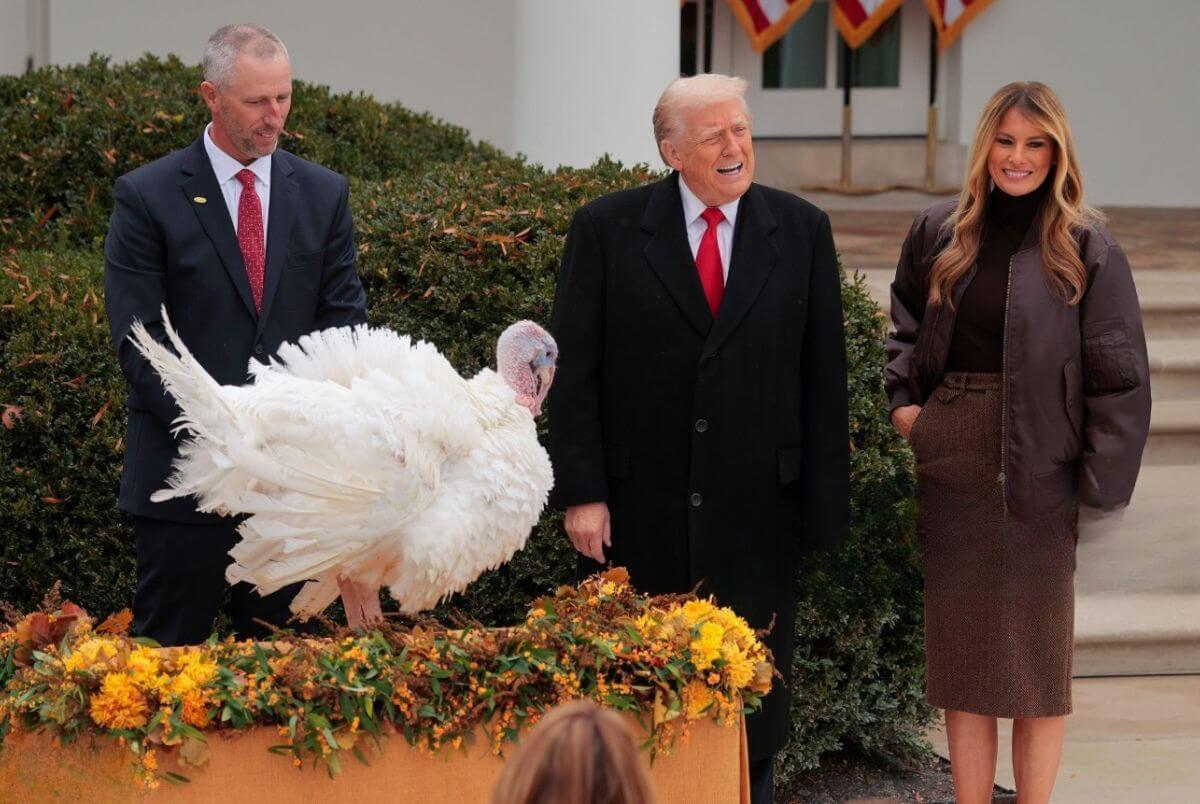 U.S. President Donald Trump pardons National Thanksgiving Turkey Gobble alongside first lady Melania Trump (R) during the 78th annual National Thanksgiving Turkey Presentation in the Rose Garden of the White House on November 25, 2025 in Washington, DC.