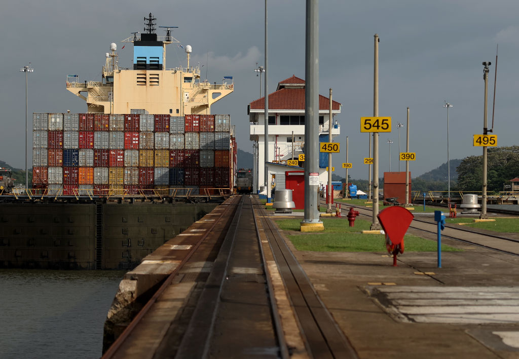 PANAMA CITY, PANAMA - SEPTEMBER 22: The container ship Maersk Bogor passes through the Miraflores locks while transiting the Panama Canal on September 22, 2023 in Panama City, Panama. The Panama Canal Authority is continuing to restrict the number of vessels that pass through the Panama Canal locks as drought has caused water levels at Gatun Lake to drop. The locks depend on millions of gallons of fresh water from the manmade lake to fill locks in Panama City and Colon in order to transit shipping vessels from the Pacific Ocean to the Caribbean Sea. Over one hundred ships are waiting to transit the canal and the backup could delay goods heading to the United States for the holiday season. It takes an average of 8-10 hours for a ship to transit the 50 miles through the canal versus several weeks to travel thousands of miles around Cape Horn and the southernmost parts of South America. (Photo by Justin Sullivan/Getty Images)