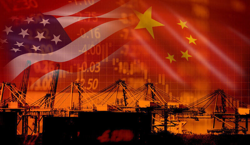 USA and China trade war economy conflict tax business finance money / United States raised taxes on imports of goods from China on industry container ship in export and import logistics background
