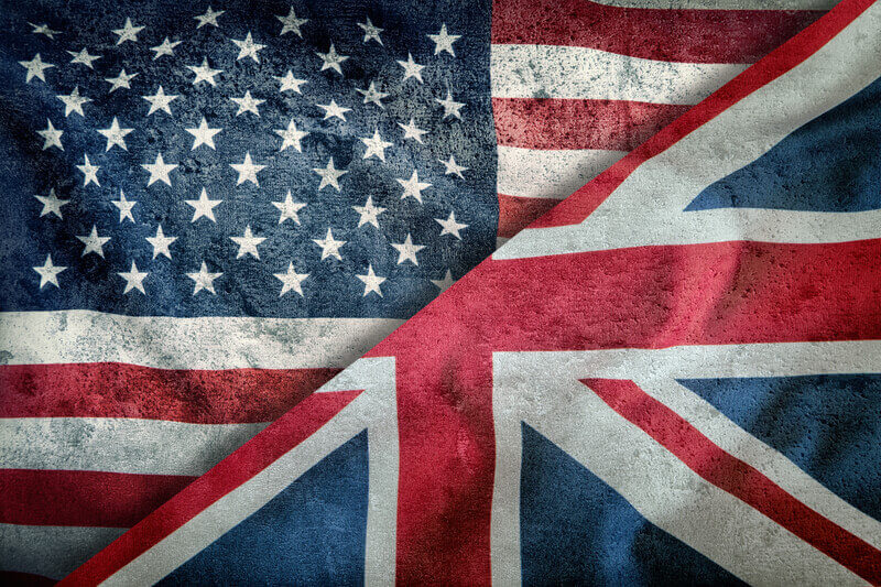 Mixed Flags of the USA and the UK. Union Jack flag. Flags of the USA and the UK Divided Diagonally.