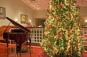 The image captures a festive holiday scene featuring a large, decorated Christmas tree and a grand piano in an indoor setting.