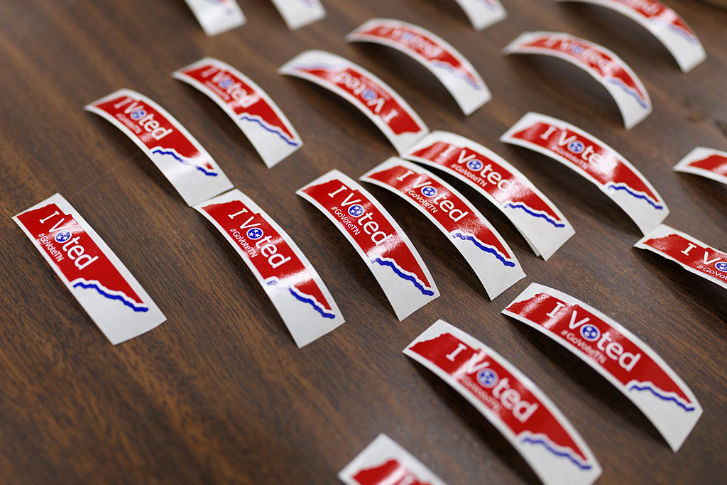 ASHLAND CITY, TENNESSEE - DECEMBER 2: Detail of a "I voted" sticker during voting at Ashland City Church of Christ on December 2, 2025 in Ashland City, Tennessee. Voters head to the polls to fill the house seat left vacant after the resignation of Republican Mark Green. (Photo by Brett Carlsen/Getty Images)