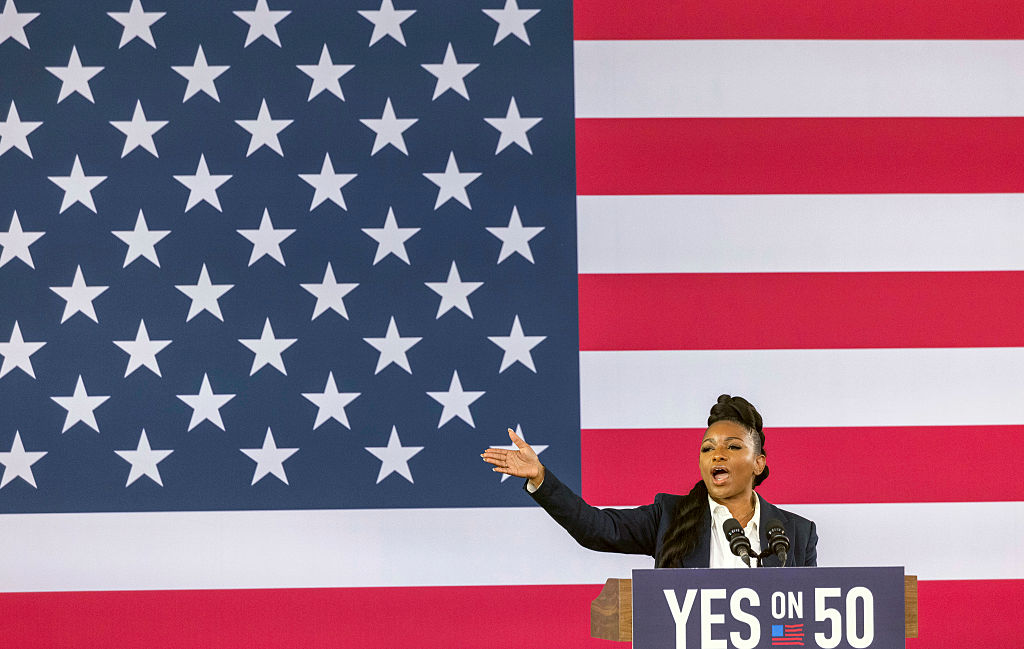 Congresswoman Jasmine Crockett of Texas speaks at a "Yes On Prop 50" volunteer event at the LA Convention Center on November 1, 2025 in Los Angeles, California.