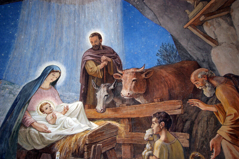 Nativity scene, fresco in the Bethlehem Shepherds Field Church