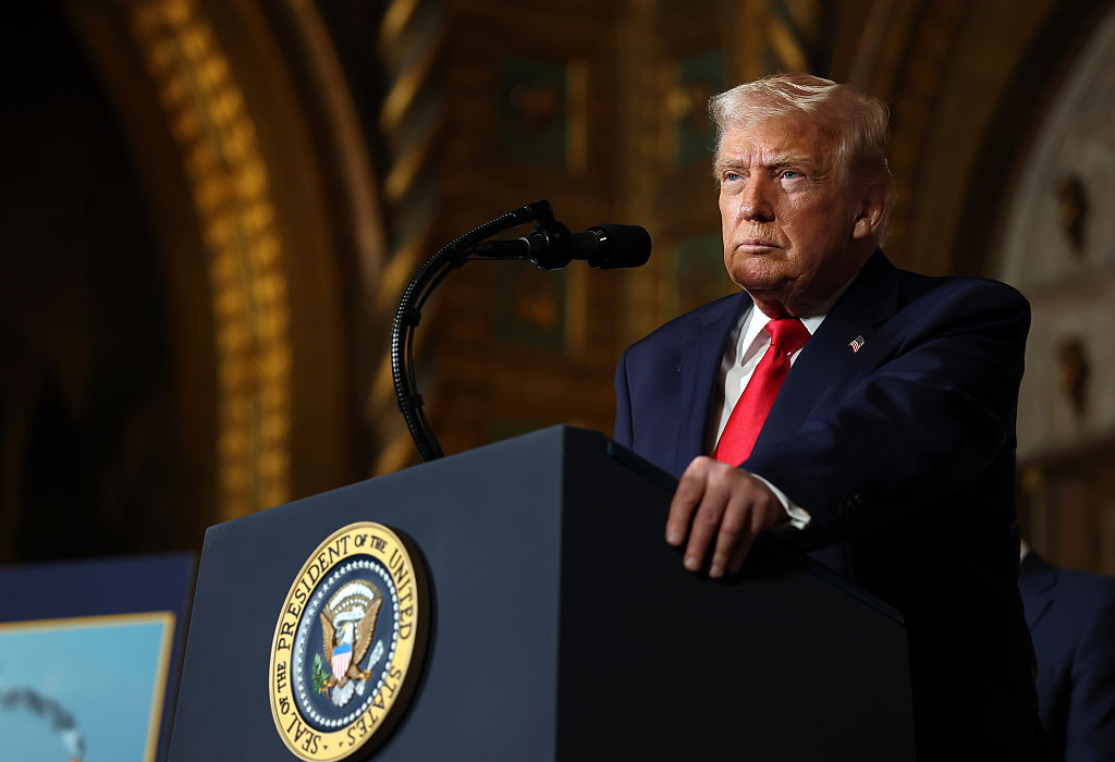 PALM BEACH, FLORIDA - DECEMBER 22: U.S. President Donald Trump takes questions as he announced the creation of the “Trump-class” battleship during a statement to the media at Trump’s Mar-a-Lago estate on December 22, 2025 in Palm Beach, Florida. Trump announced the new class of ship will become the centerpiece of his “Golden Fleet” program to rebuild and strengthen the U.S. shipbuilding industry. (Photo by Tasos Katopodis/Getty Images)