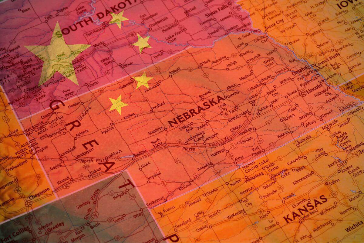 Map of Nebraska with overlay of Chinese flag
