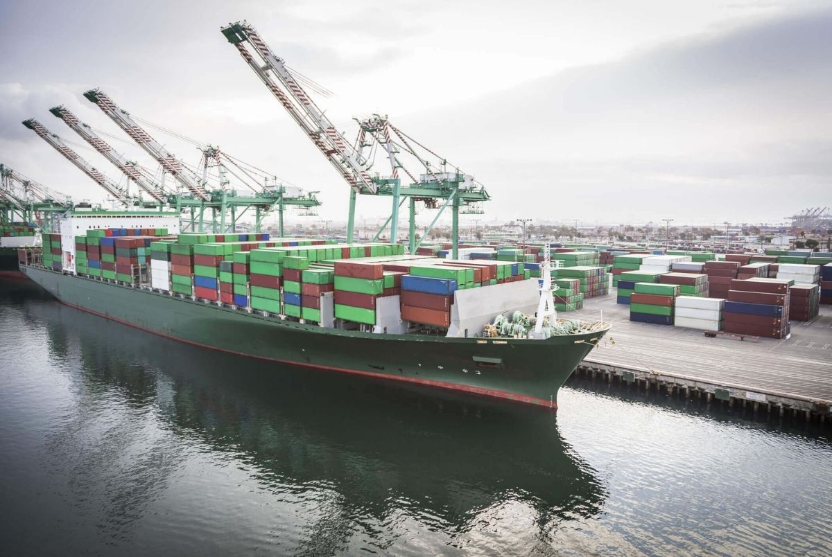 Trade Ship Harbored at Port of San Pedro, California, U. S. A.