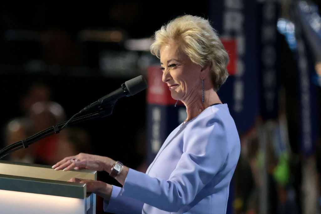 MILWAUKEE, WISCONSIN - JULY 18: Former U.S. Administrator of the Small Business Administration Linda McMahon speaks on stage on the fourth day of the Republican National Convention at the Fiserv Forum on July 18, 2024 in Milwaukee, Wisconsin. Delegates, politicians, and the Republican faithful are in Milwaukee for the annual convention, concluding with former President Donald Trump accepting his party's presidential nomination. The RNC takes place from July 15-18. (Photo by Scott Olson/Getty Images)