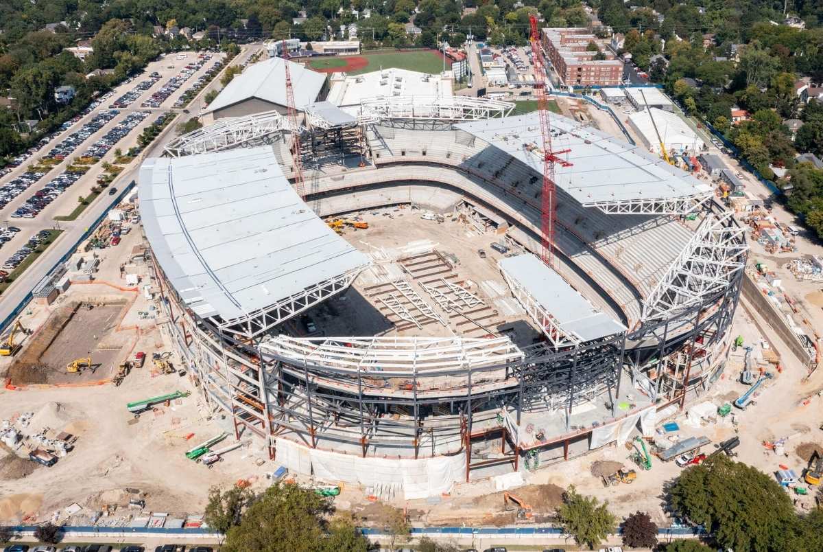 Aerial view of the construction of the new Ryan Field at Northwestern University. Evanston, IL, USA - September 18, 2025: Ryan Field is the home to the Northwestern University football team. The old stadium was demolished and the new stadium is expected to be completed in 2026.