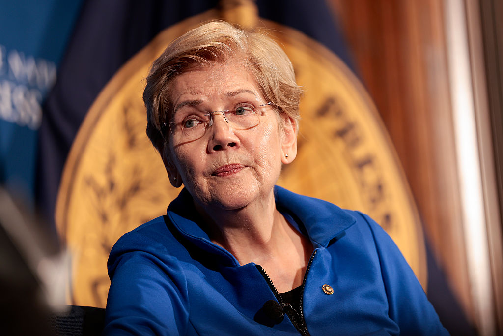 Senator Elizabeth Warren (D-MA) holds a discussion at the National Press Building on January 12, 2026 in Washington, DC.