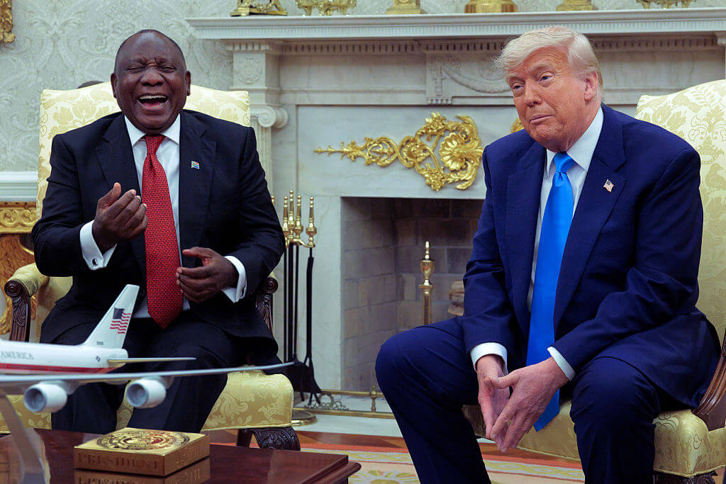 U.S. President Donald Trump and South Africa President Cyril Ramaphosa debate during a press availability in the Oval Office at the White House on May 21, 2025 in Washington, DC.
