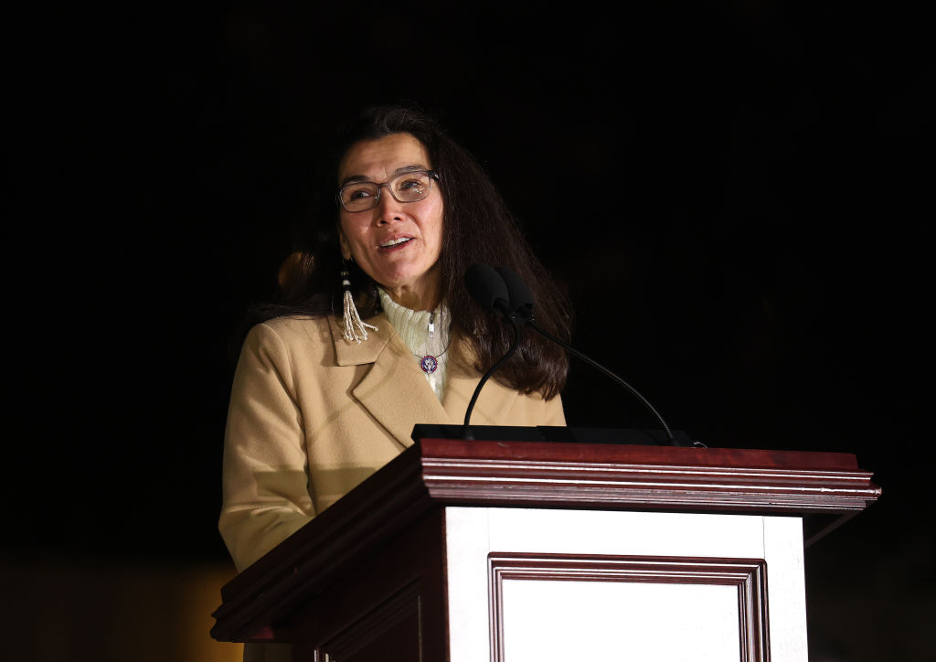 WASHINGTON, DC - DECEMBER 03: U.S. Rep. Mary Peltola (D-AK) speaks during the U.S. Capitol Christmas Tree lighting ceremony on the west front of the U.S. Capitol on December 03, 2024 in Washington, DC. This year's tree is an 80-foot Sitka spruce from the Wrangell District Region in Alaska's Tongass National Forest. (Photo by Kevin Dietsch/Getty Images)