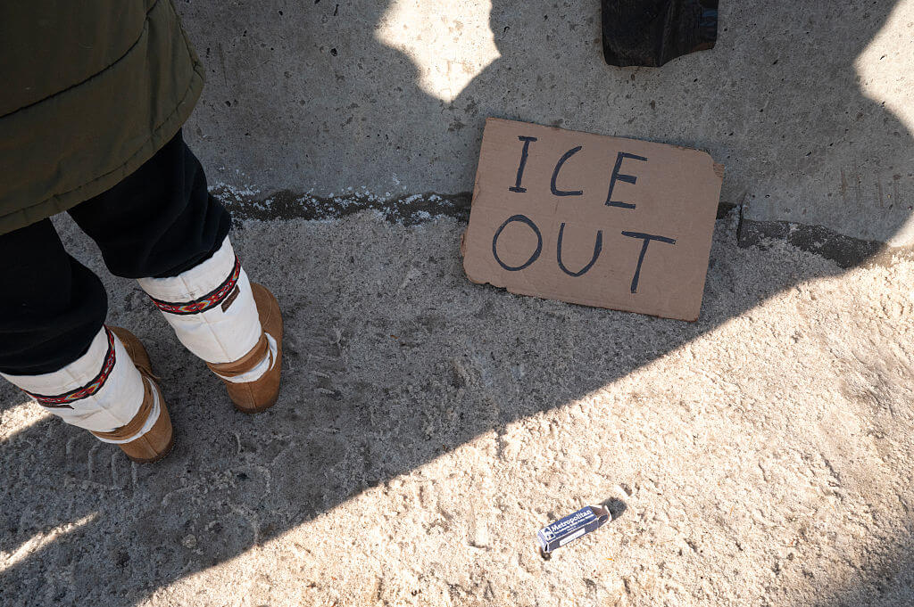 Demonstrators protest outside of the Whipple federal building on January 25, 2026 in Minneapolis, Minnesota.