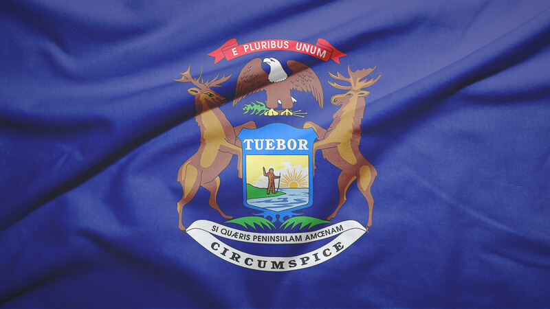 Michigan state of United States flag on the fabric texture background