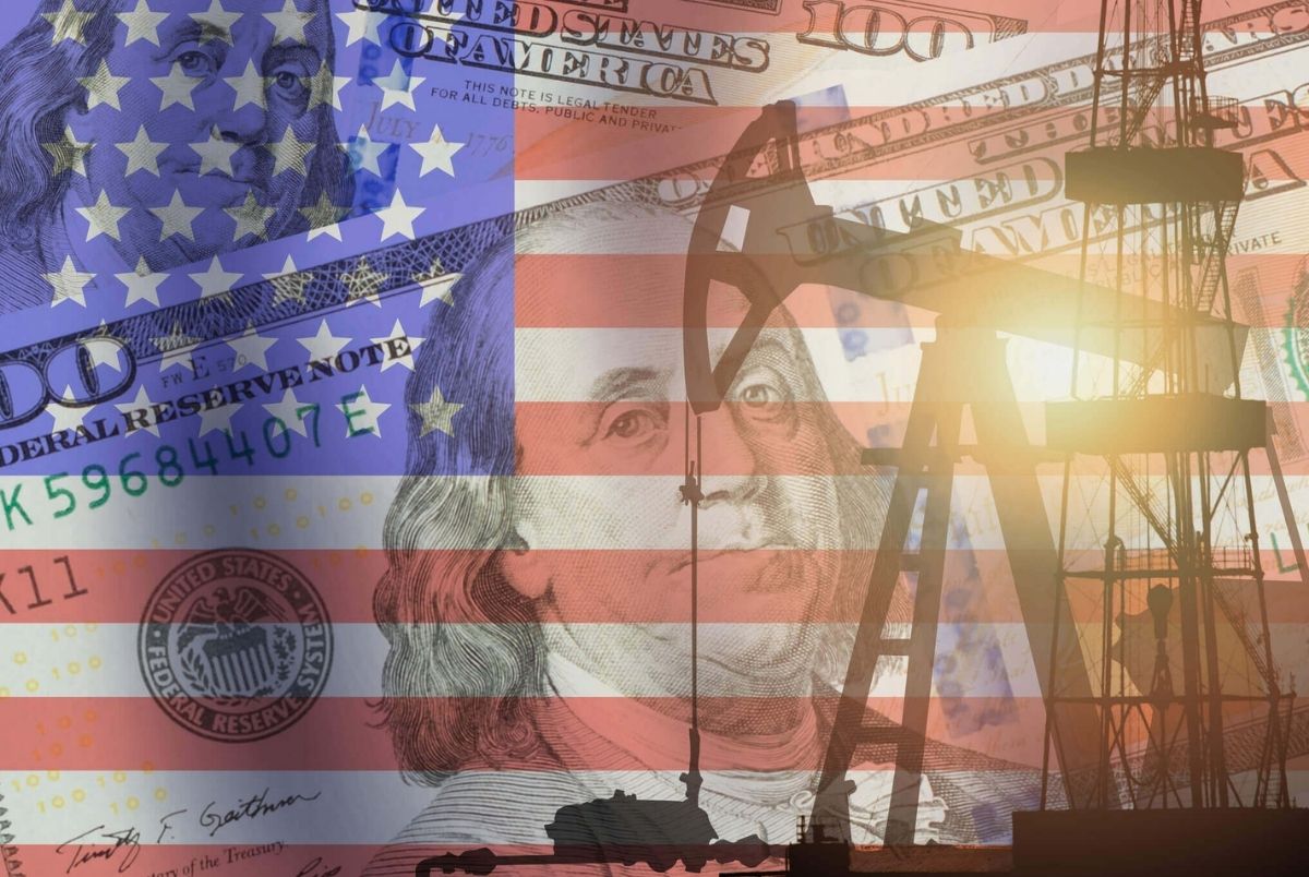 Crude oil and petroleum concept. Pump jack, US 100 USD dollar notes and American flag background.