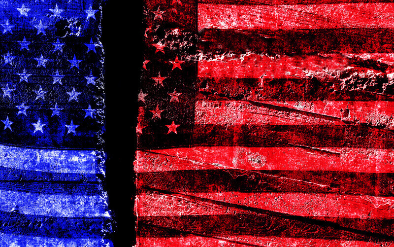 Distressed US flag split in two into Democrat and Republican blue and red. Distressed US flag split in two with red and blue -- Democrat and Republican political division