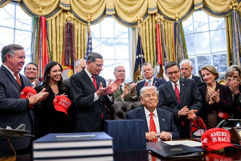 President Donald Trump signs the spending bill that ends the shutdown and reopens the U.S. Government Tuesday, February 3, 2026, in the Oval Office.
