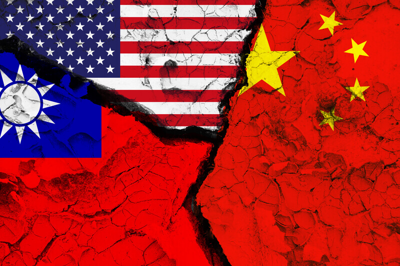 Flag of USA China and Taiwan on cracked wall. Concept of crisis between nations. Sino-Taiwan conflict. Flag of USA and China on cracked wall texture background. Concept of crisis between China ant Taiwan.