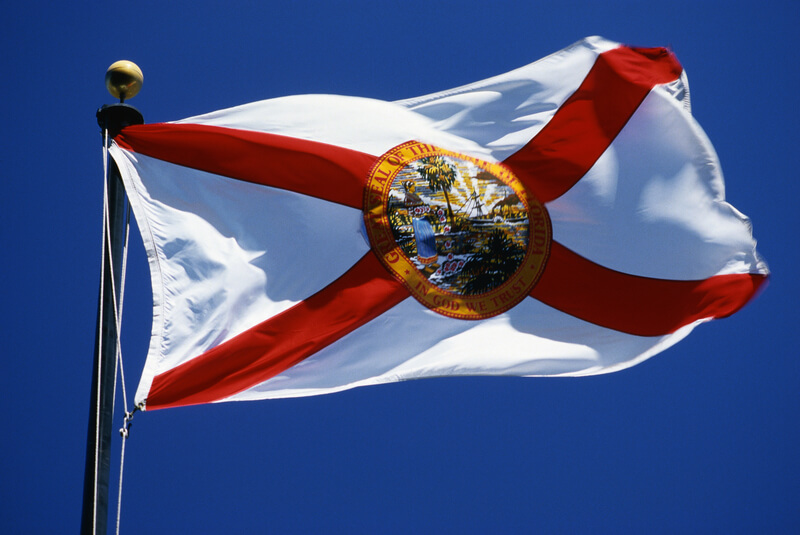 This is the Florida State Flag waving in the wind. It is on a flagpole against a blue sky. It has a red cross against a white background with a circular seal at the center.