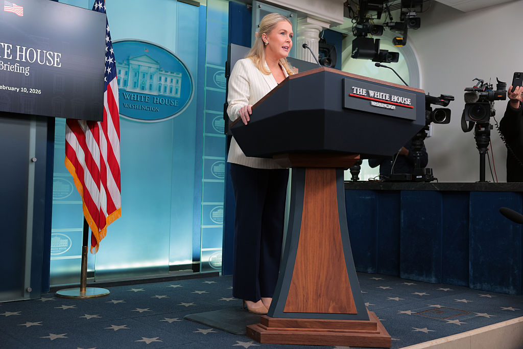 White House Press Secretary Karoline Leavitt speaks during a news briefing in the James S. Brady Press Briefing Room of the White House on February 10, 2026 in Washington, DC.