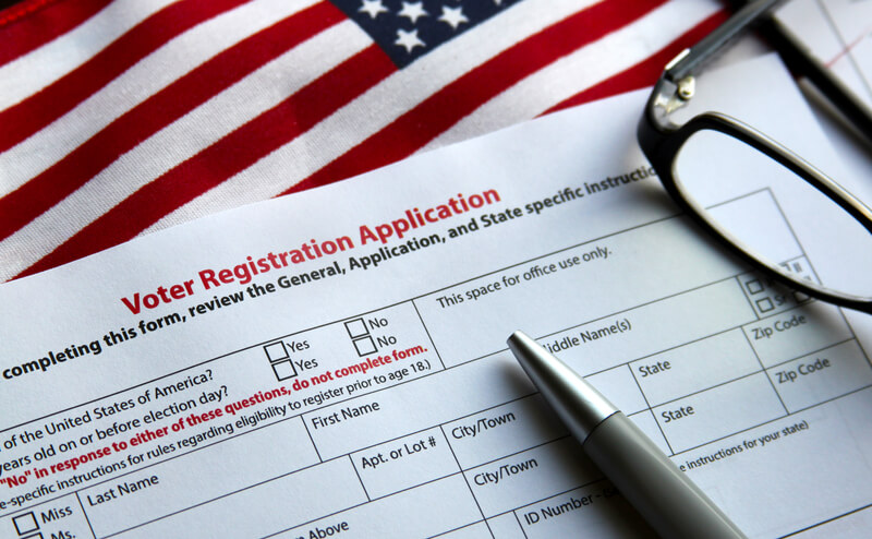 Voter registration form with flag of United States of America