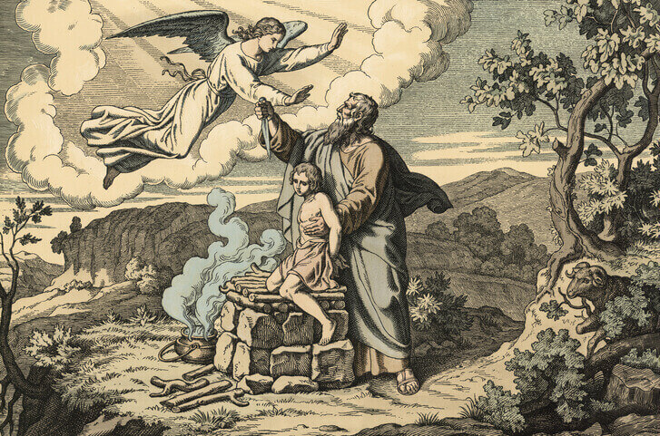 Scene from the biblical story, God asks Abraham to sacrifice his beloved son Isaac on Mount Moriah to test his faith, at the last moment