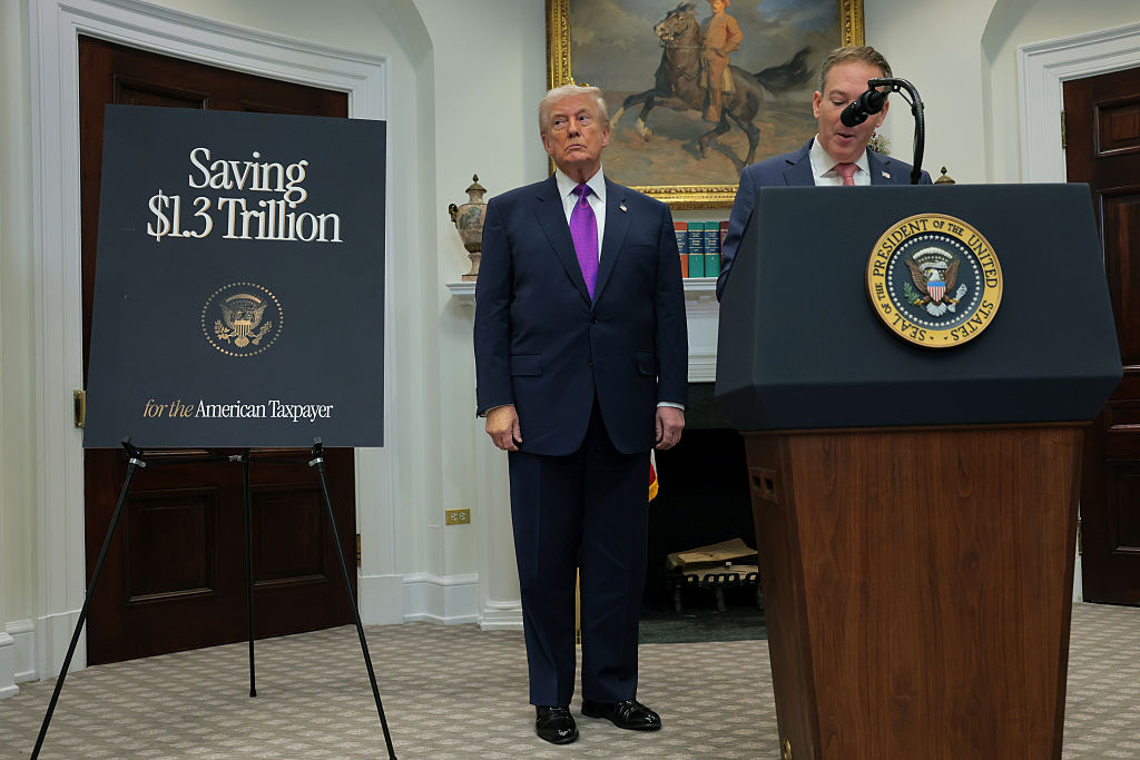 U.S. Environmental Protection Agency Administrator Lee Zeldin (R) speaks alongside U.S. President Donald Trump during an event to announce a rollback of the 2009 Endangerment Finding in the Roosevelt Room at the White House on February 12, 2026 in Washington, DC.