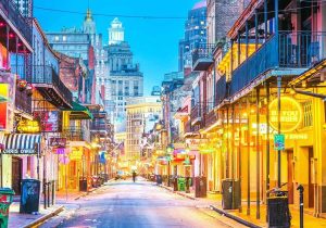 Bourbon Street, located in the heart of the historic French Quarter in New Orleans, Louisiana.