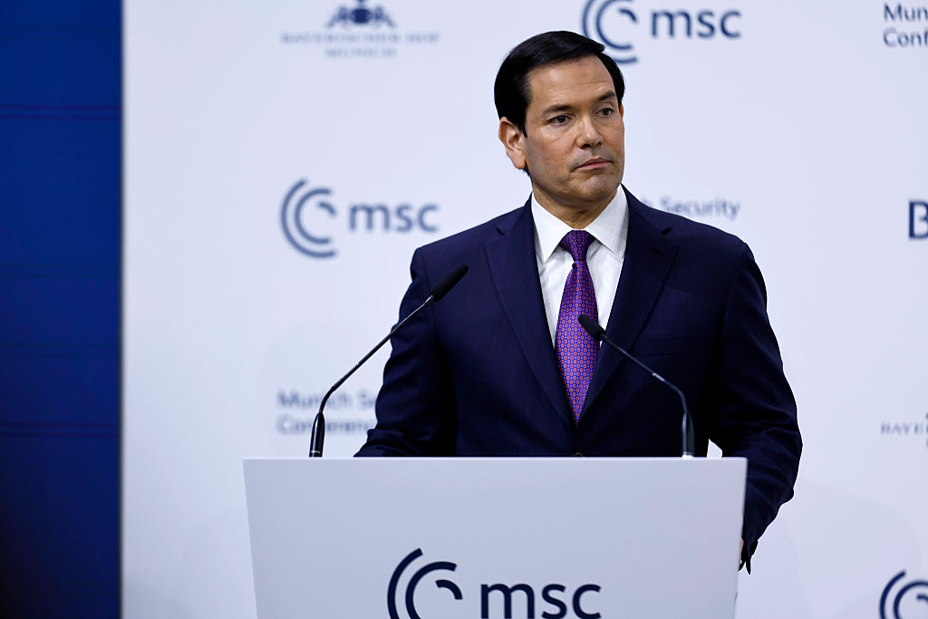 MUNICH, GERMANY - FEBRUARY 14: U.S. Secretary of State Marco Rubio delivers a key note speech at the 62nd Munich Security Conference on February 14, 2026 in Munich, Germany. The conference, which brings together government leaders, security experts and defence ministers, is taking place at a time when the traditional western political and military alliance is facing rupture due to the policies of U.S. President Donald Trump. (Photo by Johannes Simon/Getty Images)
