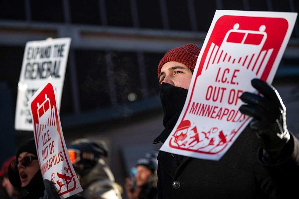 Protestors march as part of a "Nationwide Shutdown" demonstration against ICE enforcement on January 30, 2026 in Minneapolis, Minnesota.