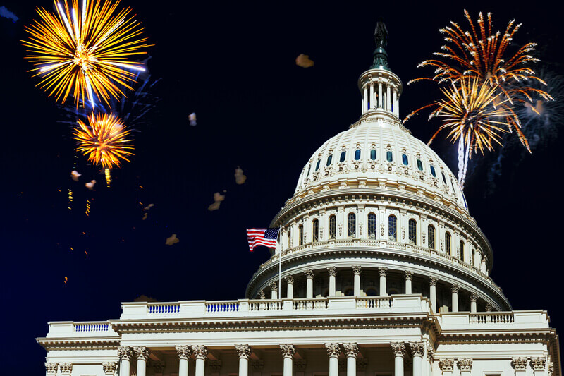 Independence Day fireworks celebrations over U. S. Capitol in Washington DC