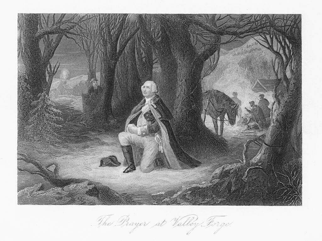 Engraved scene depicting George Washington praying in a woodland clearing, at Valley Forge, 1776.