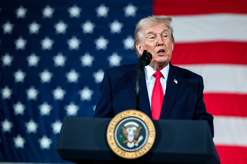 President Donald Trump delivers remarks to military families at Fort Bragg, North Carolina, Friday, February 13, 2026.