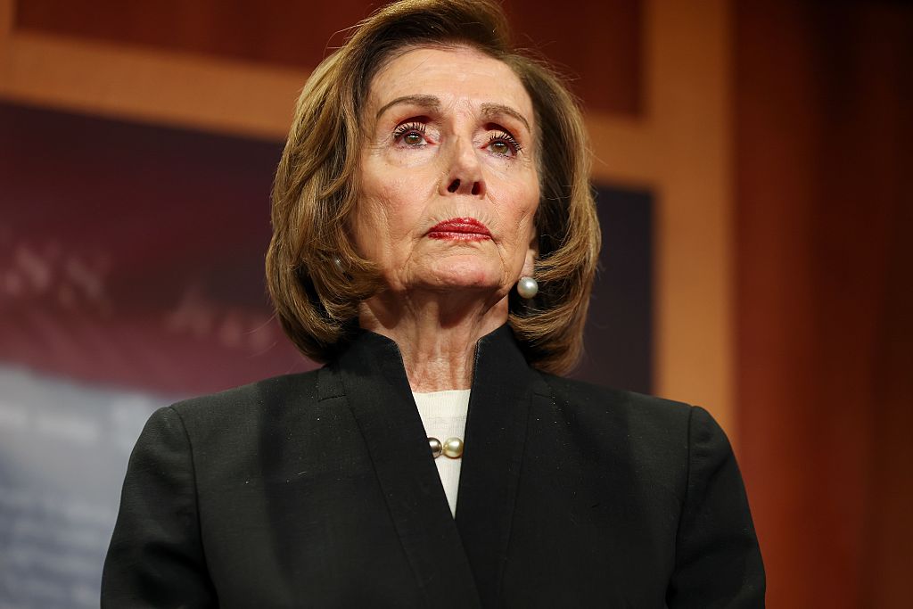WASHINGTON, DC - NOVEMBER 20: Speaker Emerita Nancy Pelosi (D-CA) listens to House Minority Leader Hakeem Jeffries (D-NY) speak at the U.S. Capitol on November 20, 2025 in Washington, DC. (Photo by Tasos Katopodis/Getty Images)