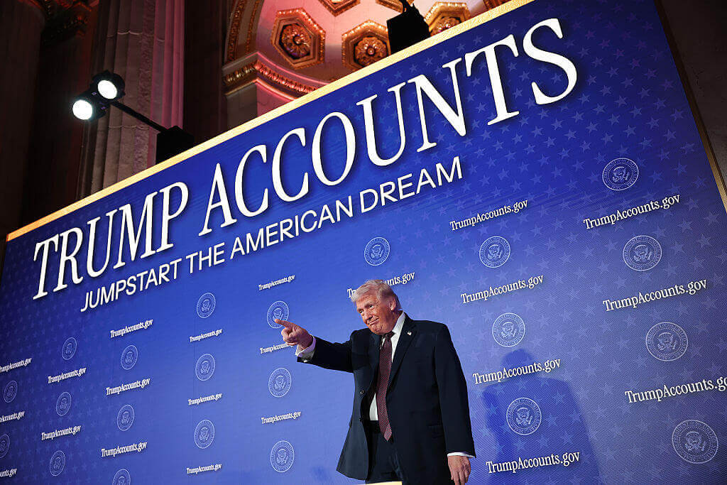 U.S. President Donald Trump arrives on stage before delivering remarks during the Treasury Department's Trump Accounts Summit at Andrew W. Mellon Auditorium on January 28, 2026 in Washington, DC.