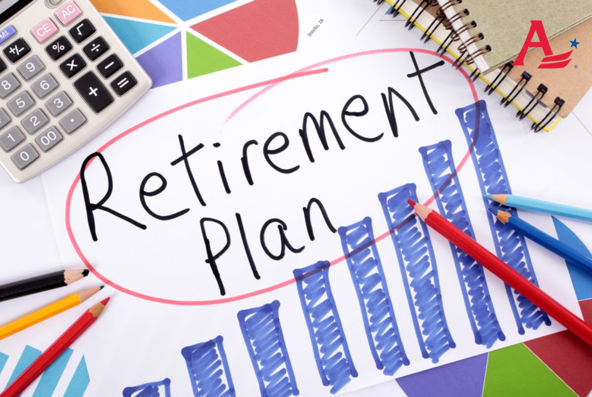 Retirement plan, pension fund growth planning. The words Retirement Plan written on a hand drawn bar chart surrounded by pencils, books and calculator.