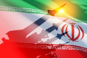 The missiles are aimed on background of Iran flag. Bomb, chemical weapons, missile defense, a system of salvo fire.