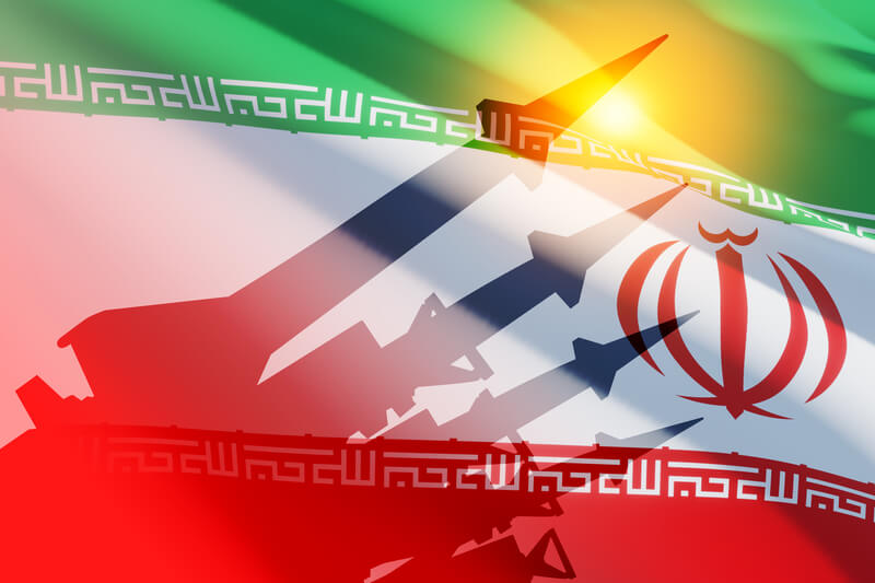 The missiles are aimed on background of Iran flag. Bomb, chemical weapons, missile defense, a system of salvo fire.