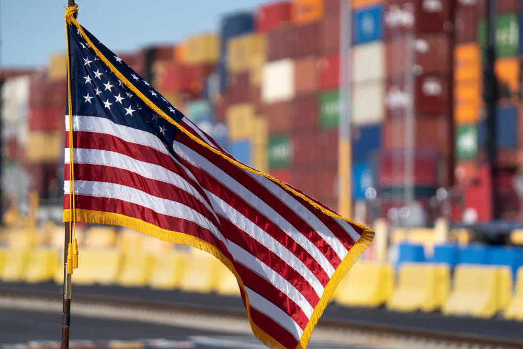GARDEN CITY, GA - NOVEMBER 12: An American flag waves in the breeze at the Mason Mega Rail Station at the Garden City Port Terminal on November 12, 2021 in Garden City, Georgia. The terminal recently completed construction of the rail station, doubling the Port of Savannahs rail lift capacity to one million containers per year. (Photo by Sean Rayford/Getty Images)