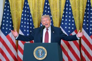 U.S. President Donald Trump speaks during an event on the use of coal in the East Room of the White House on February 11, 2026 in Washington, DC.