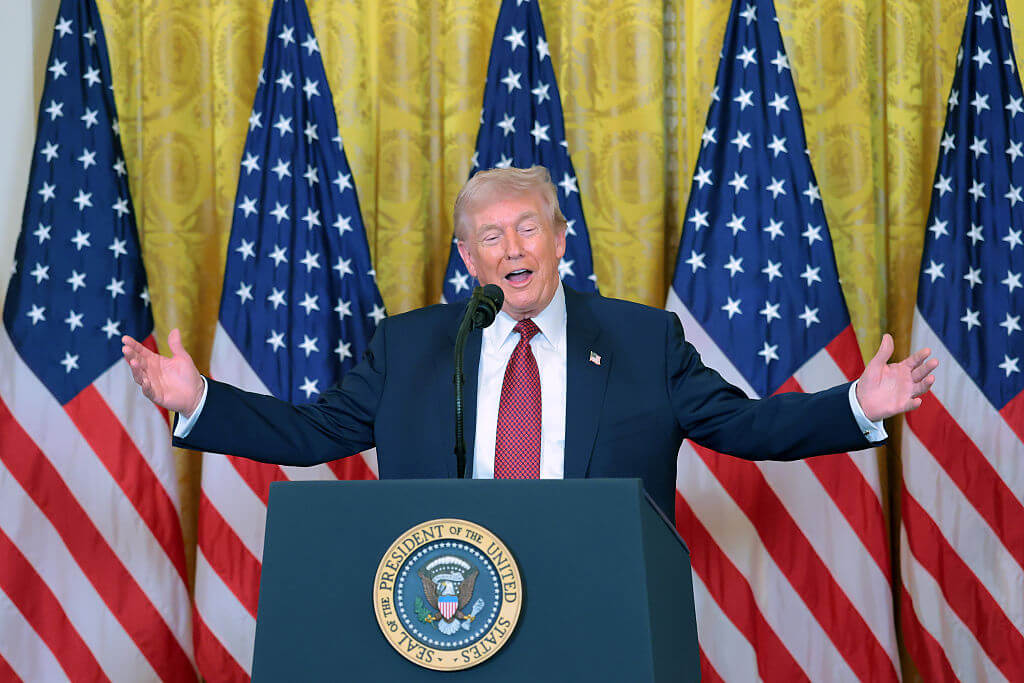 U.S. President Donald Trump speaks during an event on the use of coal in the East Room of the White House on February 11, 2026 in Washington, DC.