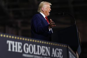 President Donald Trump speaks during a rally at Macomb Community College on April 29, 2025 at Warren, Michigan.