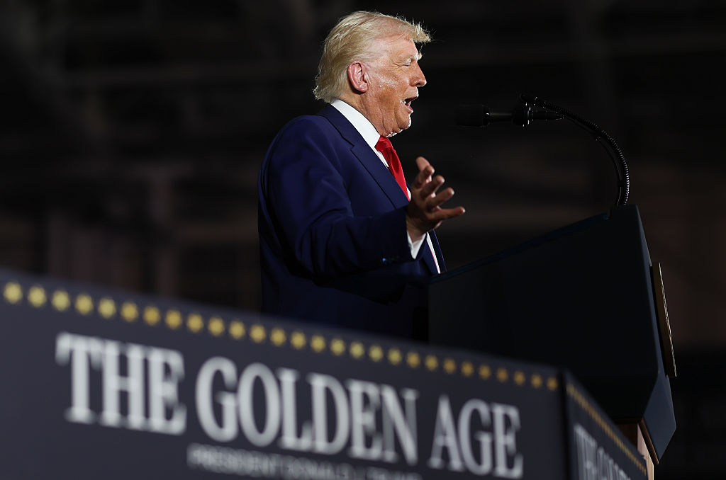 President Donald Trump speaks during a rally at Macomb Community College on April 29, 2025 at Warren, Michigan.