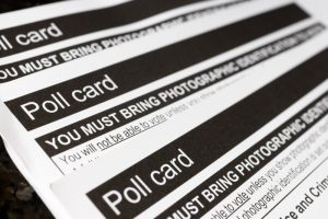 British Poll Cards for Voting in UK or United Kingdom Elections. British voter id poll cards for voting in United Kingdom local and national government elections showing the need for photographic identification