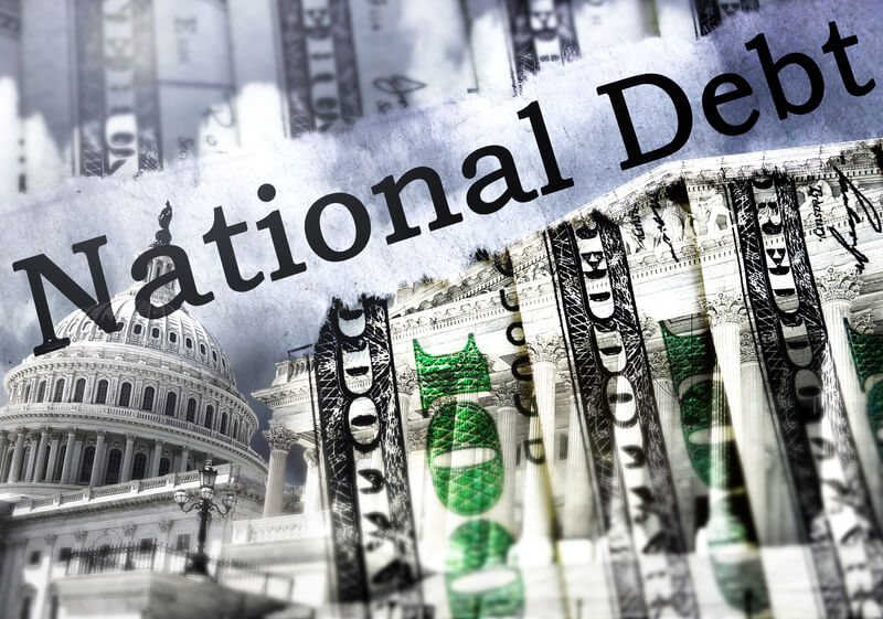 Capitol in Washington DC and National Debt text. The US Capitol in Washington with National Debt text and hundred dollar bills